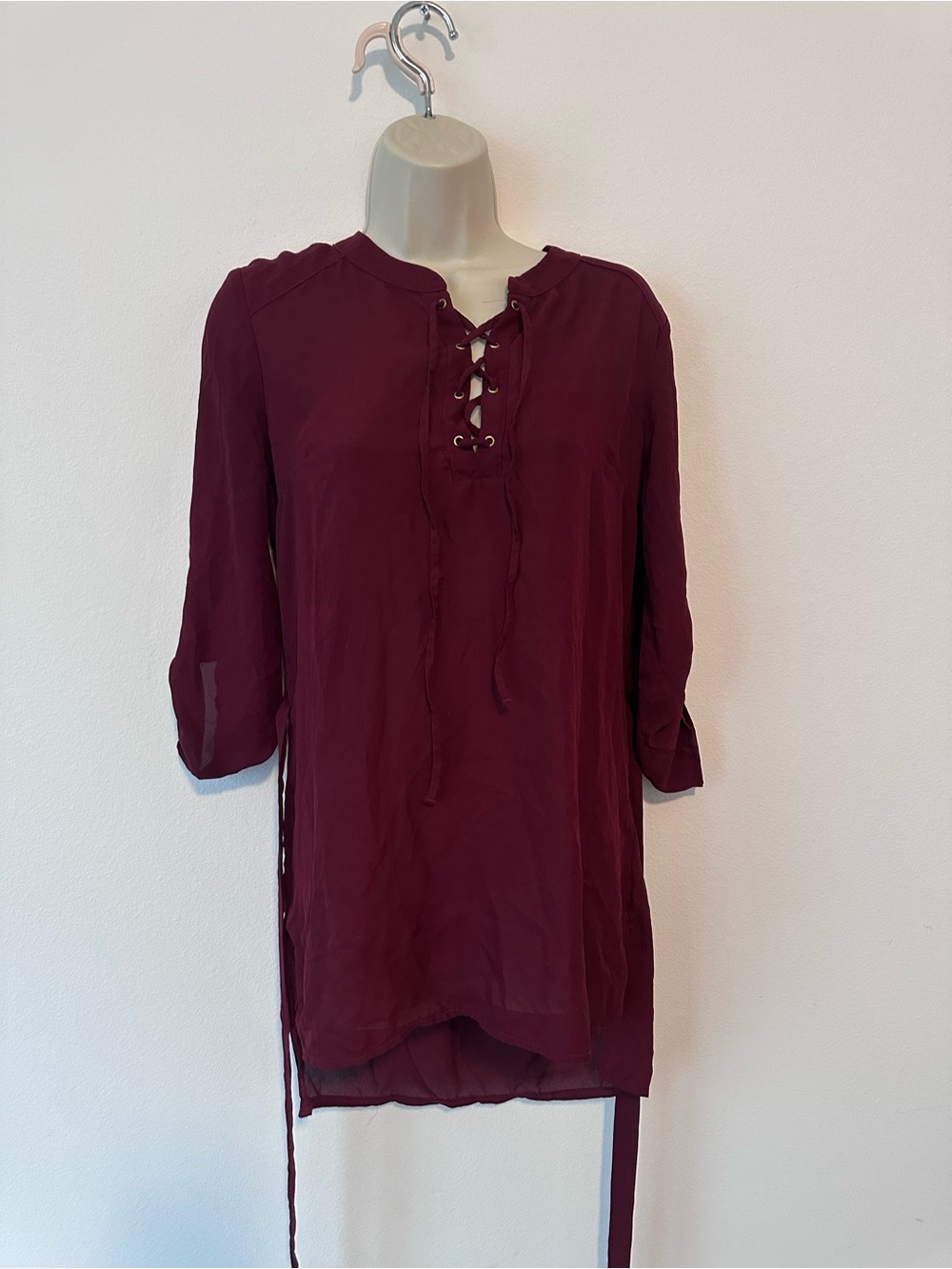 Lace-Up V-Neck Top - Burgundy